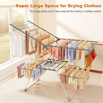 Innotic Clothes Airer with 33 bars, 2-Level Foldable Clothes Drying Rack Indoor Outdoor, Stainless Steel Large Clothes Horse, 6 Height-Adjustable Laundry Drying Rack (Grey)