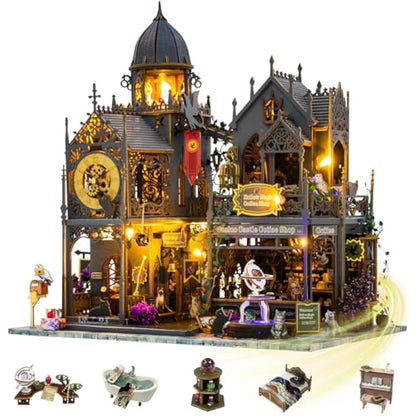 Mostop DIY Miniature Dollhouse Kit, Wooden Dollhouse Kit Miniature House Kit with LED Light,Creative Room Idea for Kids/Adults Magic House DIY Kits (Huoluo Castle)