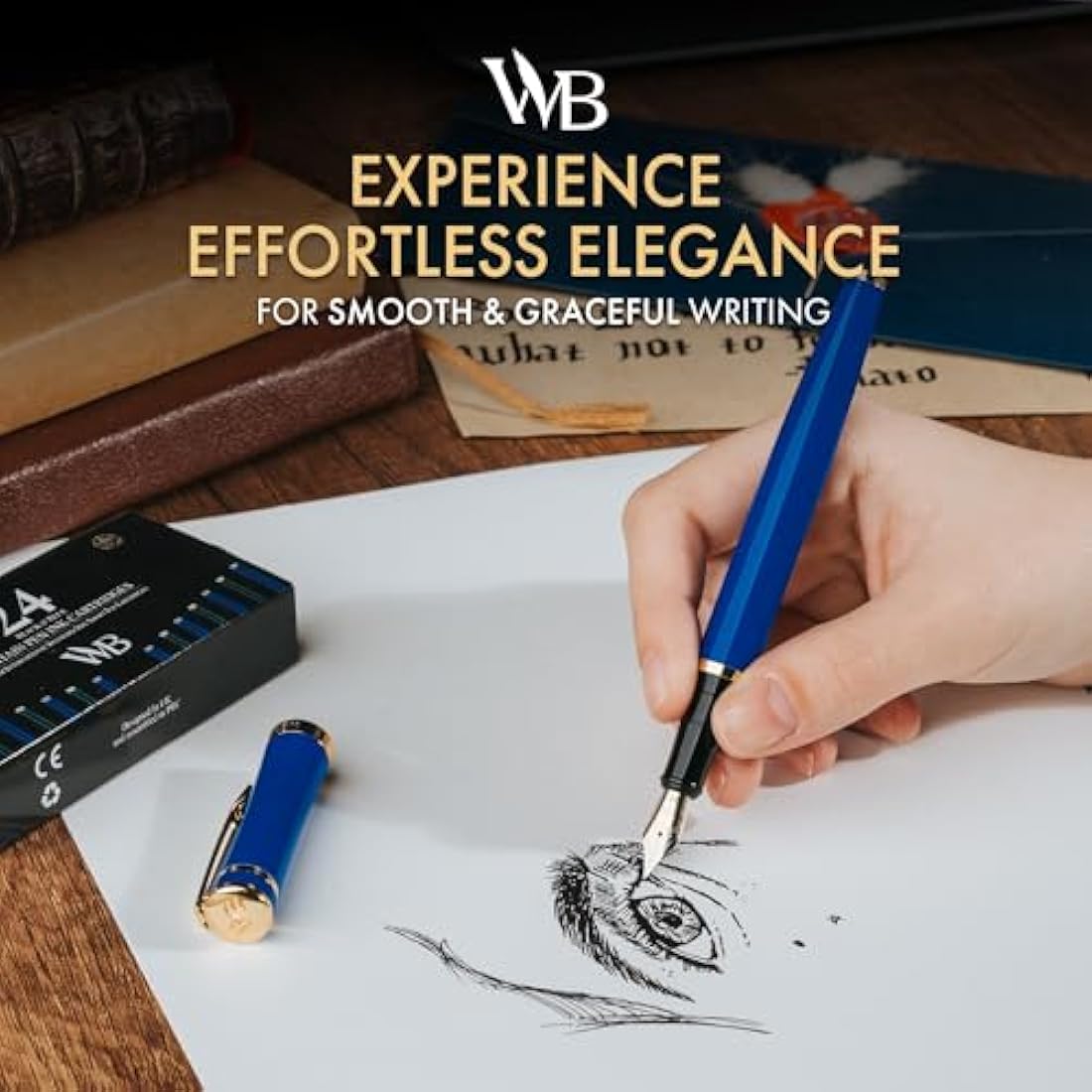 Wordsworth & Black Fountain Pen Set, 18K Gilded Extra Fine Nib, Includes 24 Pack Ink Cartridges, Ink Refill Converter & Gift Box, Gold Finish, Calligraphy, [Imperial Blue], Perfect for Men & Women