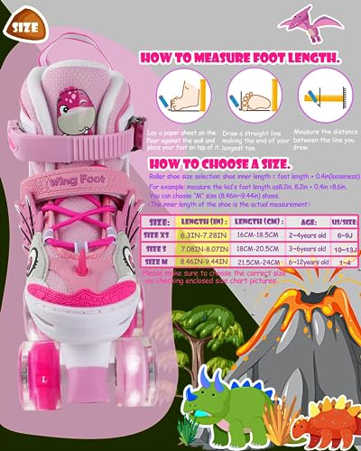 WESKIFAN Dino Kids Toddler Roller Skates for Boys Girls Dinosaur Quad Skating Shoes with Shiny Light up Wheels Adjustable Sizes Beginners rollerskates