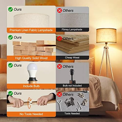 OUTON Solid Wooden Tripod Floor Lamp, Dimmable LED Standing Lamp with Remote Control & 4 Color Temperatures, 1H Timer, Floor Lamp with Linen Shade for Living Room Bedroom(Blub Included), Wood