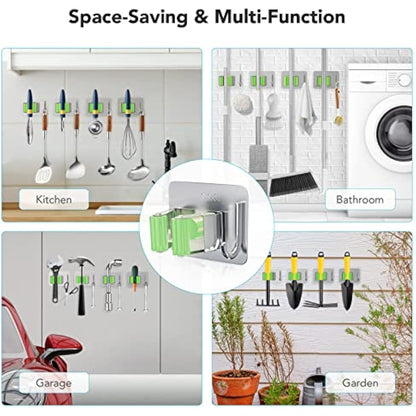 homeasy Mop Broom Holder, 4 Pcs Stainless Steel Self Adhesive Mop Holder Wall Mounted with Hooks Hanger Self-Adhesive Broom Holder for Bathroom, Kitchen, Office, Closet, Garden Garage (Green)