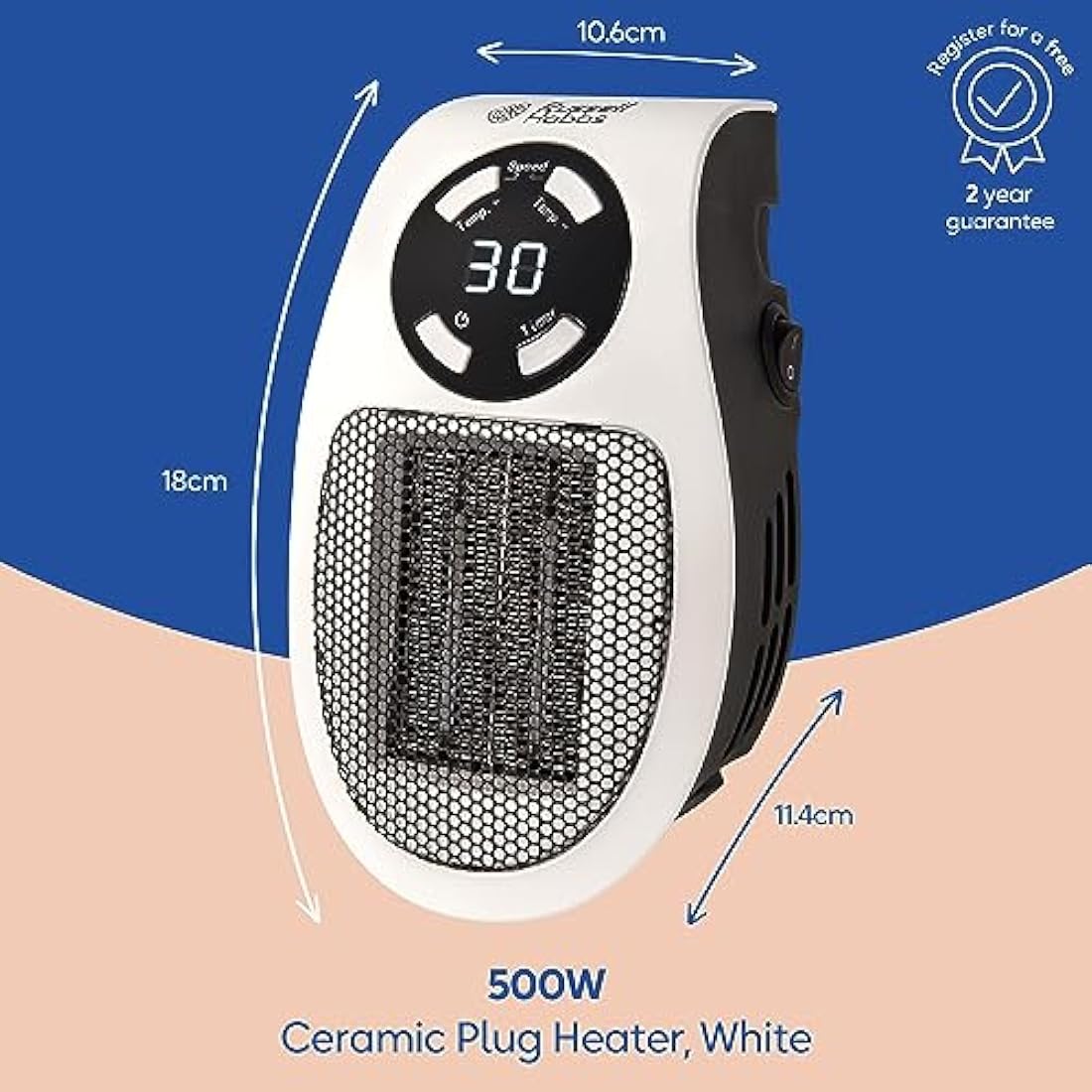 Russell Hobbs RHPH2001 500W Ceramic Plug Heater, Adjustable thermostat, 12 Hour Timer & LED Display, 2 Fan Speeds, 2 Year Guarantee , White