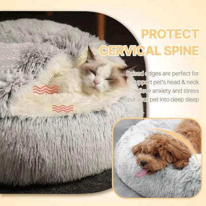 Calming Dog Bed Fluffy Plush Pet Bed under 10kg,Washable Anti Anxiety Small Medium Dog Bed,Indoor Cats Dogs Soft Warm Donut Cave Bed Patent No.: 6242416(Grey)