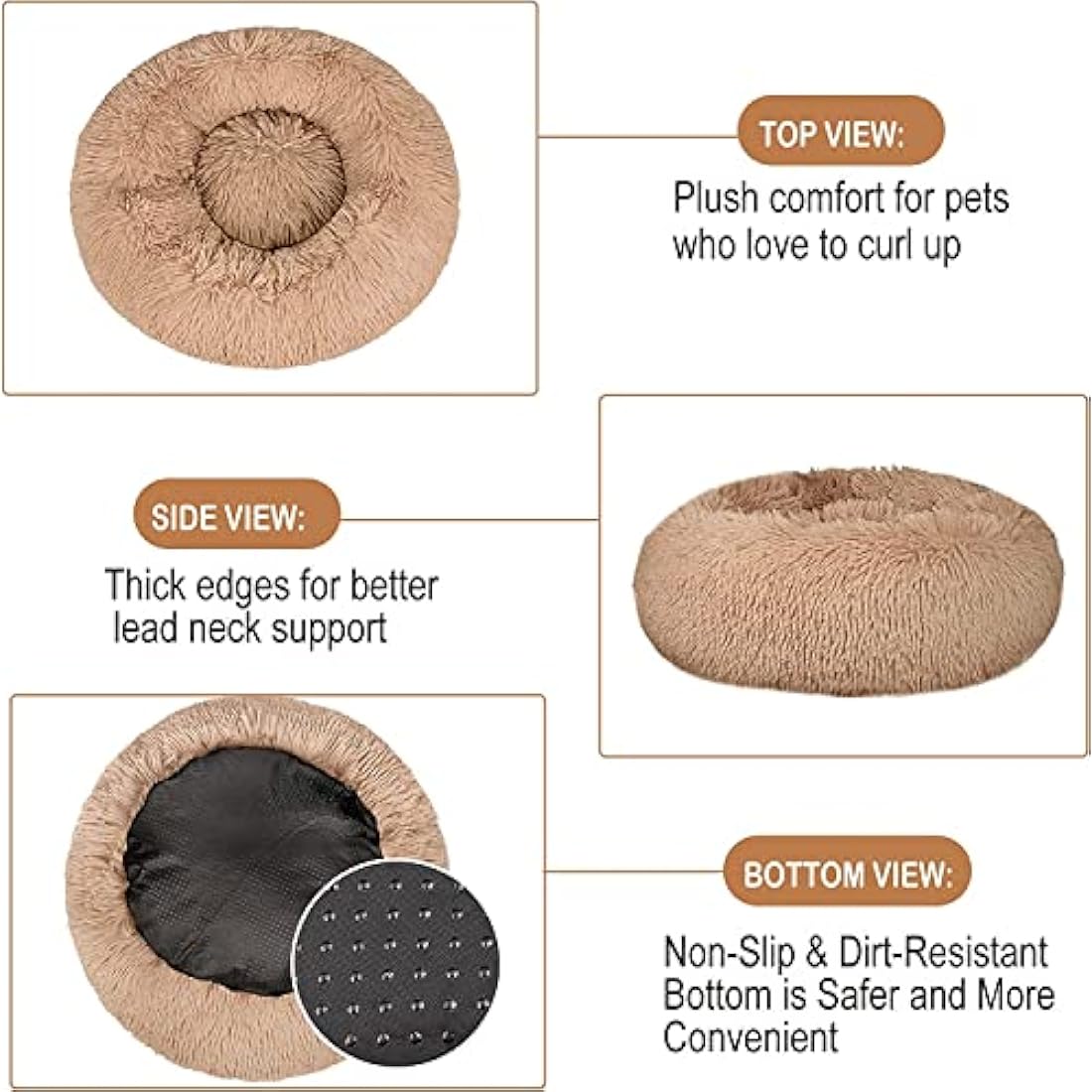 Comfy Calming Dog Beds Medium Washable,Anti Anxiety Donut Ped Bed,Luxury Warm Fluffy Improved Sleep Amazingly Cat Bed Cuddler,Anti-Slip Bottom Round Puppy Bed for Small Medium Cat Dog（L,Beige Brown）