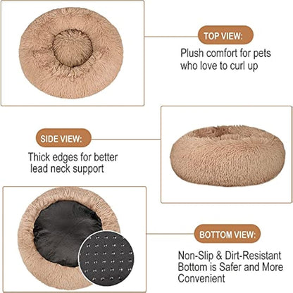 Comfy Calming Dog Beds Medium Washable,Anti Anxiety Donut Ped Bed,Luxury Warm Fluffy Improved Sleep Amazingly Cat Bed Cuddler,Anti-Slip Bottom Round Puppy Bed for Small Medium Cat Dog（L,Beige Brown）