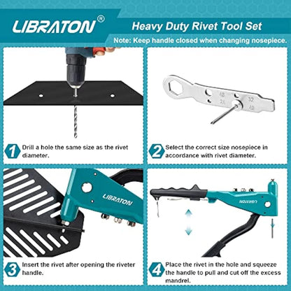 Libraton Heavy Duty Rivet Gun, Pop Rivet Gun Set, Professional Hand Riveter, Manual Riveting Tool with 100Pcs Rivets and 4 Interchangeable Heads, for Metal, Wooden and Plastic