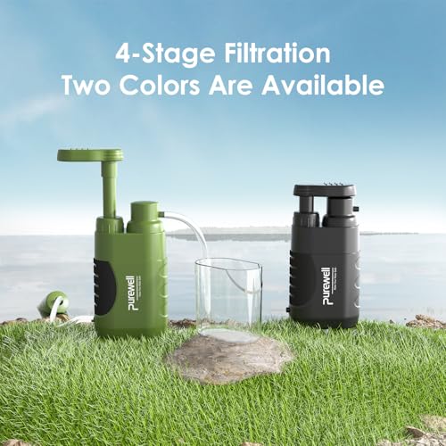 Purewell Water Purifier Pump with Replaceable Carbon 0.01 Micron Water Filter, 4 Filter Stages, Portable Outdoor Emergency and Survival Gear - Camping, Hiking, Backpacking(2PCS)