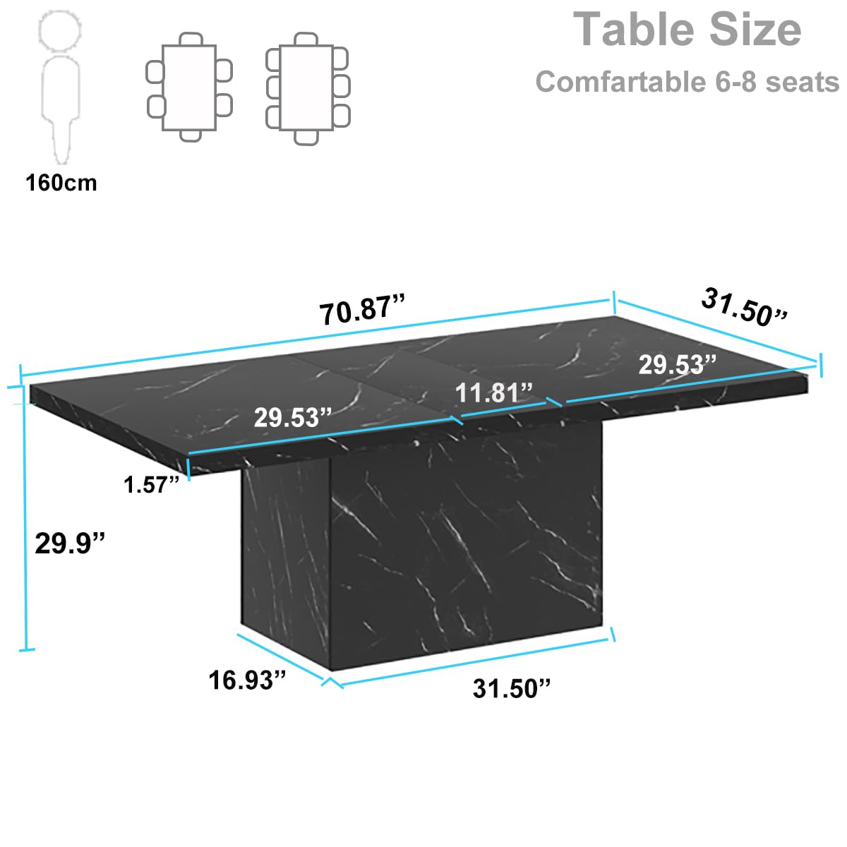 HSH Dining Table Modern Rectangle Kitchen Dinner Table 180cm Black Marble