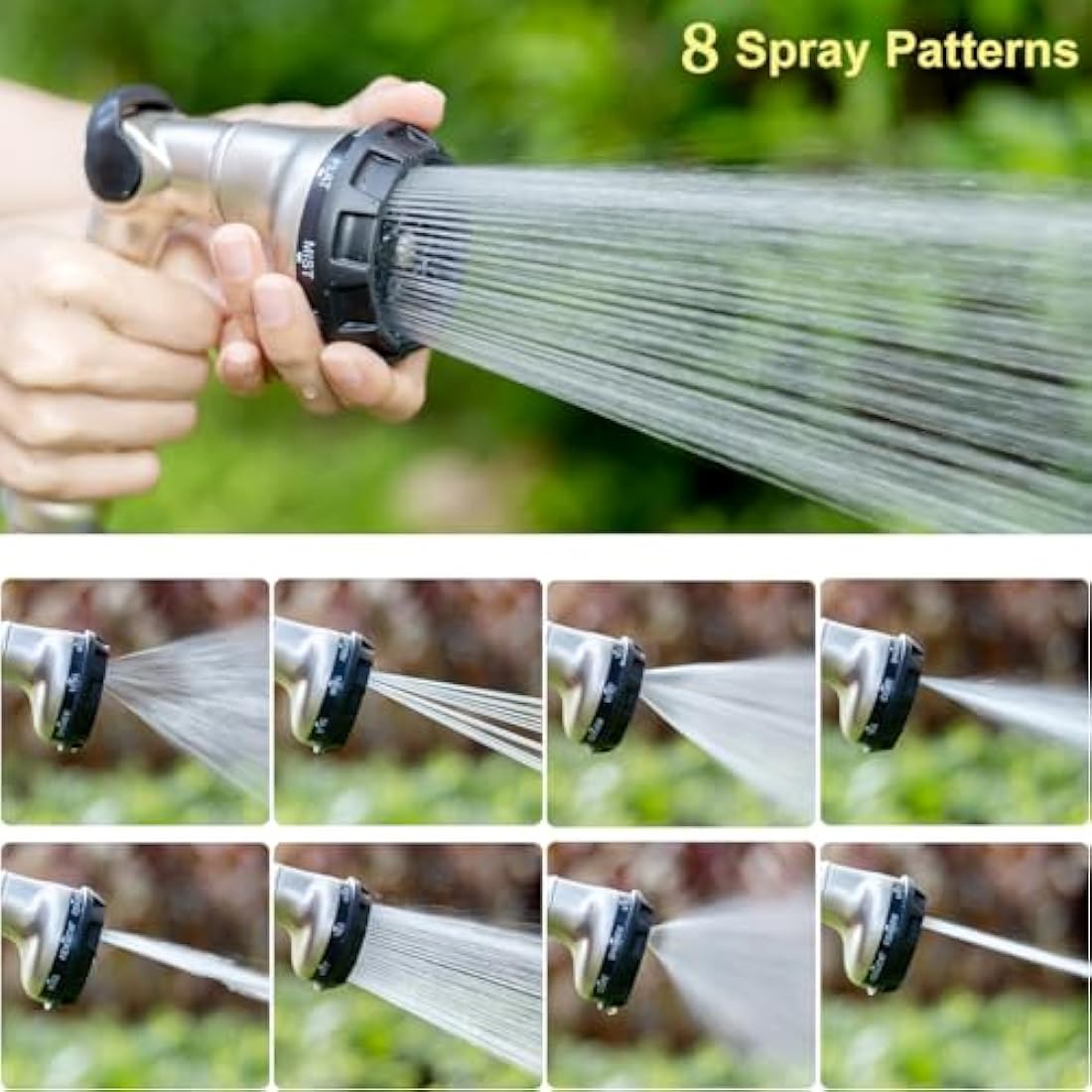 FANHAO Professional Heavy Duty Garden Hose Spray Gun, 100% Metal Thumb Control Hose Gun with 8 Spray Patterns, High Pressure Hose Nozzle for Lawn & Plant Watering, Car & Pet Washing