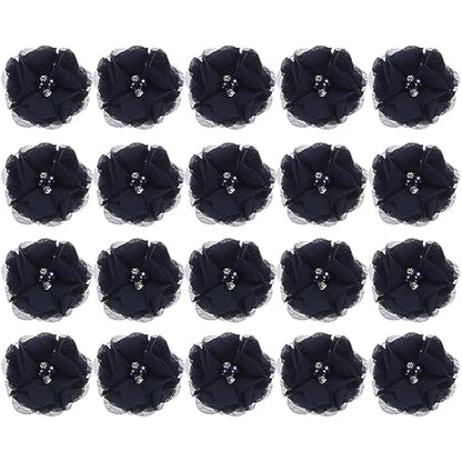 sourcing map Artificial Rhinestone Chiffon Flower Heads, Dark Blue Faux Flowers 2 Inch for DIY Craft Wedding and Party Decoration Pack of 20