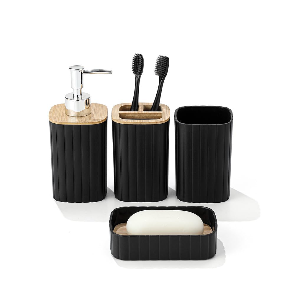 Hosoncovy Bathroom Accessory Set of 4 with Soap Pump Dispenser, Toothbrush Cup, Soap Dish ，Toothbrush and Toothpaste Holder (Black B)