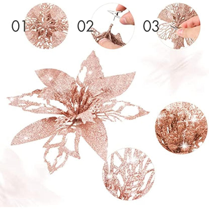 Boao 24 Pieces Christmas Glitter Artificial Poinsettia Flowers Christmas Flowers Decorations Wedding Xmas Tree New Year Ornaments (Rose Gold)