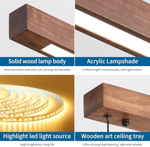 Mikeru Walnut Pendant Light, 100cm Dimmable Hanging Ceiling Lighting 10% to 100% Remote Control Wood Chandelier 3000K/4500K/6500K Modern Kitchen Island Lights for Living Room, Conference Room