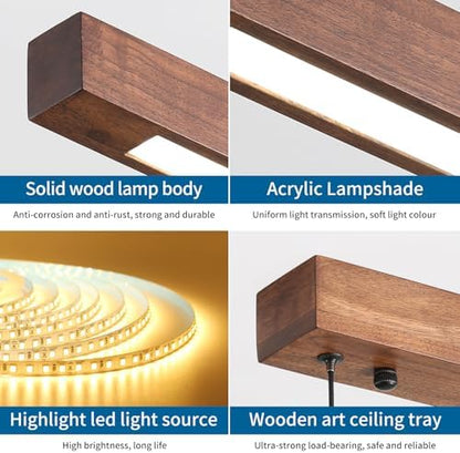 Mikeru Walnut Pendant Light, 100cm Dimmable Hanging Ceiling Lighting 10% to 100% Remote Control Wood Chandelier 3000K/4500K/6500K Modern Kitchen Island Lights for Living Room, Conference Room