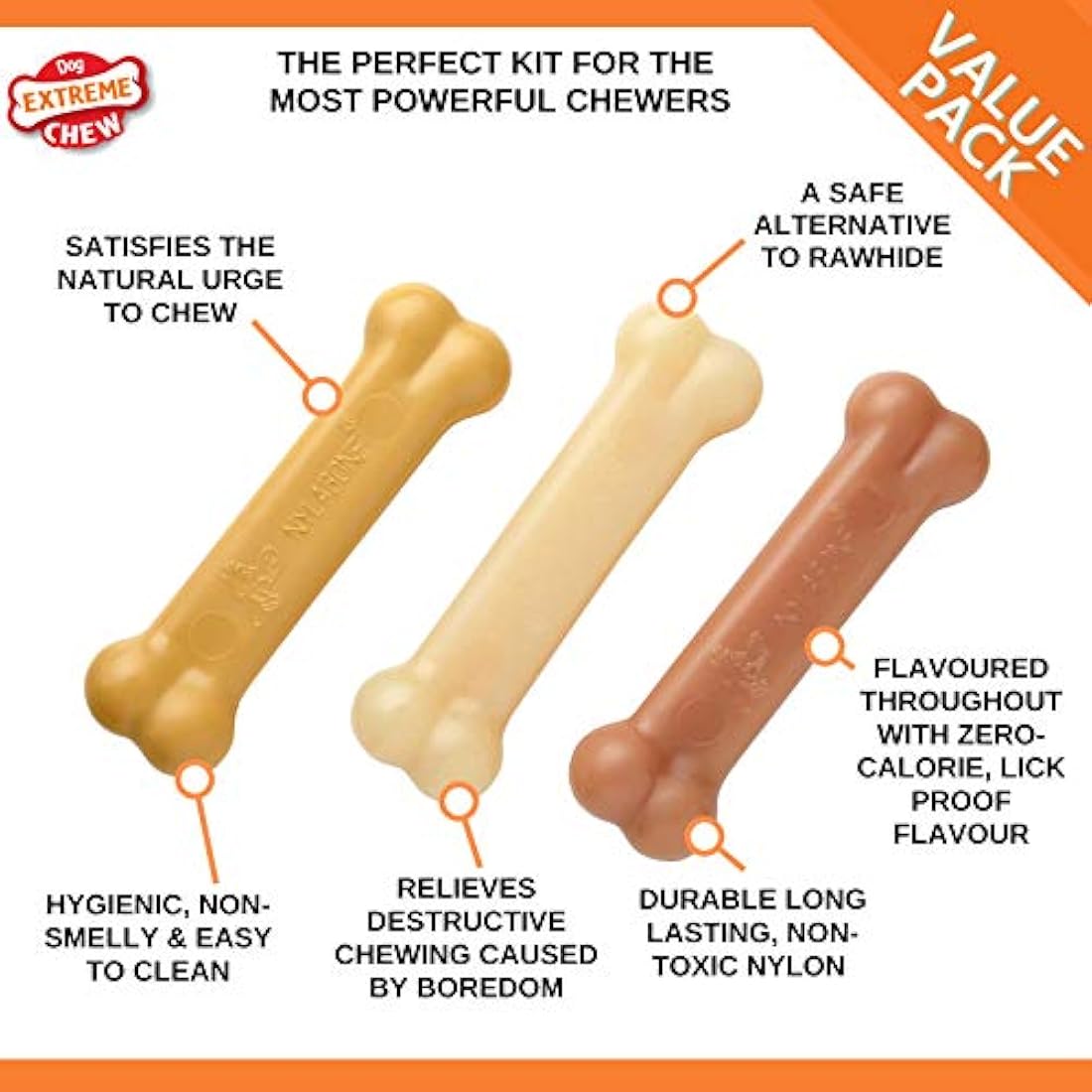 Nylabone Extreme Tough Dog Chew Toy Bones, Peanut Butter, Chicken, Bacon Flavoured, 3-Piece, Small, For Dogs Up To 11 kg