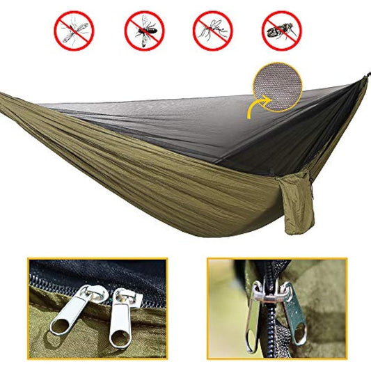 Portable Camping Hammock Set,Single Double Hammock,Mosquito net,rain Shade Tent,high Strength Parachute Fabric Hanging Bed. Suitable for Outdoor,Hiking,Camping, Travel Army Green
