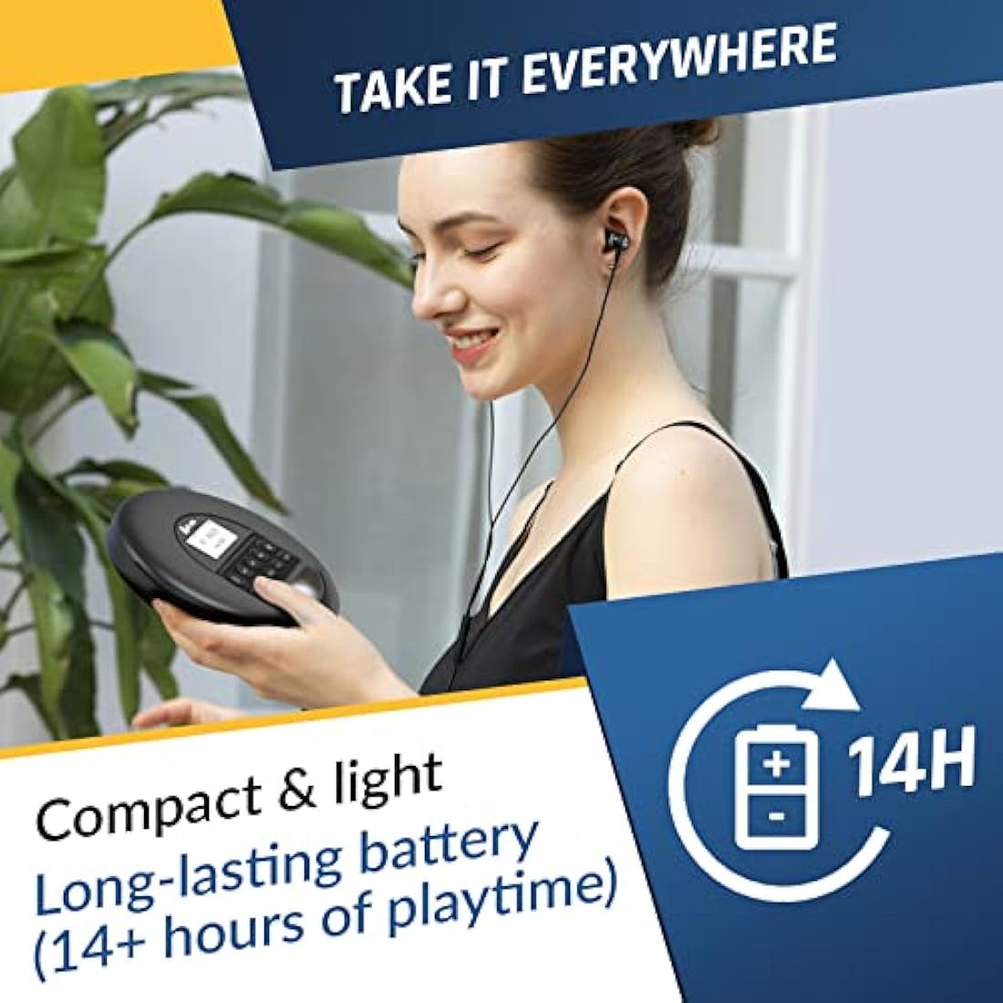 KLIM Nomad - Portable CD Player with Long-Lasting Battery - with Headphones - Radio FM - Compatible MP3 CD Player Portable - TF Card Radio FM Bluetooth - Ideal for Cars - Black