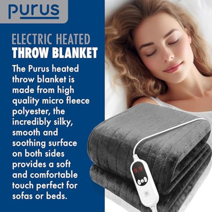 Purus Grey Heated Throw Electric Blanket, 160 x 120cm Heated Blanket Machine Washable Soft Micro Fleece Electric Throw Overblanket with 12HR Timer and 9x Control Heat Settings
