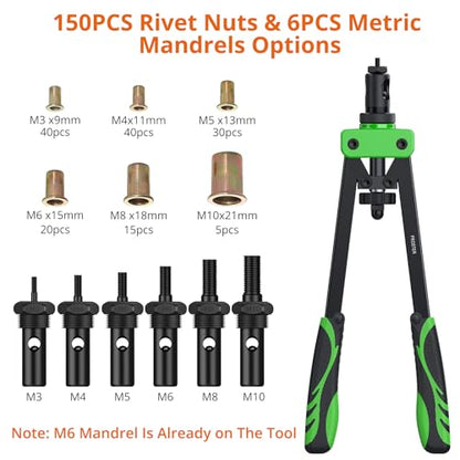 Proster Rivet Nut Tool 14" Heavy Duty Hand Rivet Nut Gun with 6pcs Metric Mandrels 150 PCS M3 M4 M5 M6 M8 M10 Nut Riveter Nut Thread Setter Kit with Storage Box Green