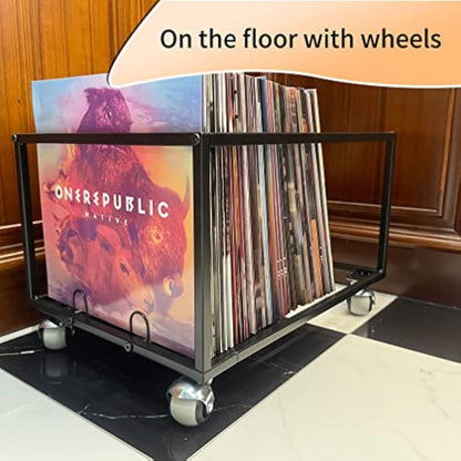 Vinyl Record Storage Holder With Wheels - Holds up to 100 LP - Album Holder Display Stand - Vinyl Record LP Storage organizer - Sturdy Metal Structure - Smooth Black