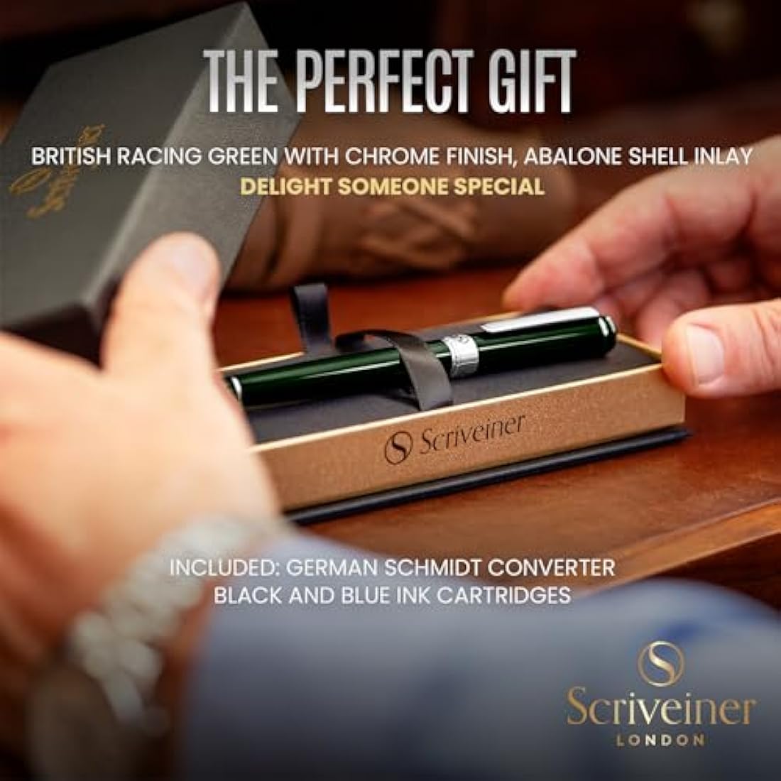 Scriveiner Fountain Pen - Very Dark British Racing Green, Stunning Luxury Pen, Chrome Finish, Schmidt Nib (Fine), Best Pen Gift Set for Men & Women, Professional, Executive, Office, Nice Pens