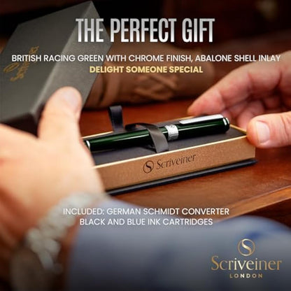 Scriveiner British Racing Green Fountain Pen - Stunning Luxury Pen with Chrome Finish, Schmidt Nib (Medium), Best Pen Gift Set for Men & Women, Professional, Executive, Office, Nice Pens