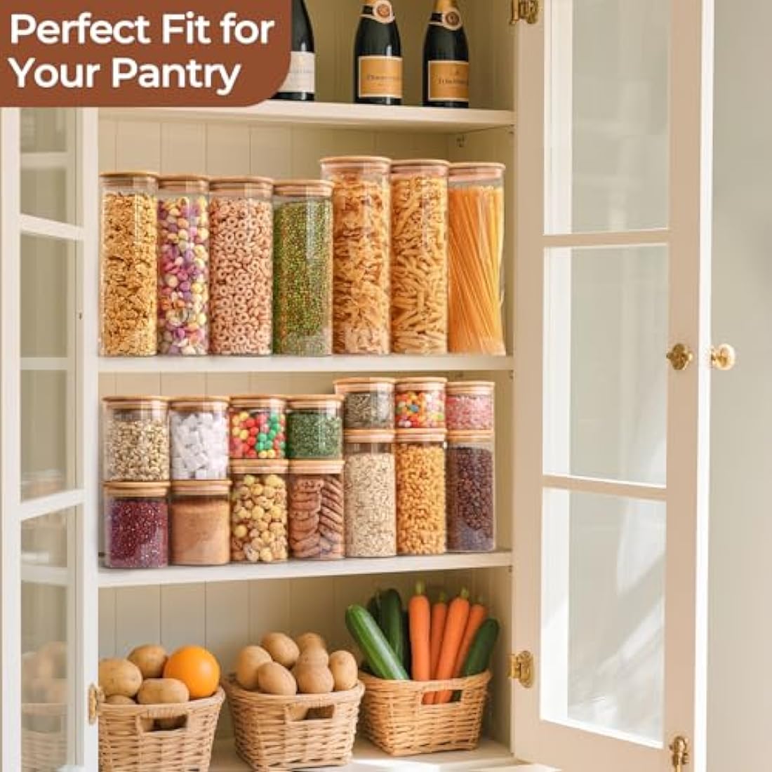 ComSaf 1.9L Glass Spaghetti Pasta Storage Container with Lids Set of 3, Tall Clear Airtight Food Storage Jar with Cover Kitchen Pantry Storage Container for Noodles Flour Cereal Coffee Beans