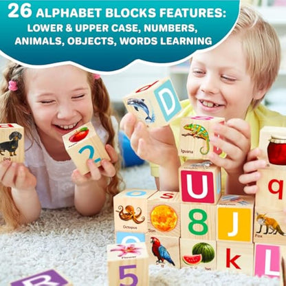 QUOKKA Wooden Blocks for Toddlers 1-3 - Realistic ABC Learning Baby Blocks for Kids 3-5 Year Olds - Stacking Alphabet Wood Toys for 2-4 yo - Learn Letters Numbers