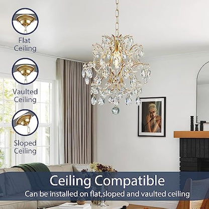 BESTIER Gold Modern Pendant Chandelier Crystal Raindrop Lighting Ceiling Light Fixture Lamp for Dining Room Bathroom Bedroom Livingroom 1 E27 Bulbs Required D32cm x H40cm