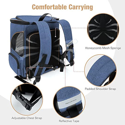 Lekesky Expandable Cat Carrier Backpack - Portable Breathable Rucksack for Medium and Small Cats & Dogs, Foldable with Inner Escape-proof Leash and Pet Mat, Supports 25 lbs (Blue)
