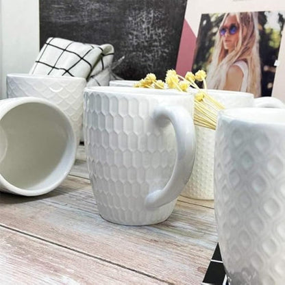 Hoikwo 12oz / 380ml Coffee Mugs Set of 6, White Bone China Mugs with Relief Pattern for Coffee, Tea, Latte, Milk, Cocoa, Juice and Other Hot Drinks