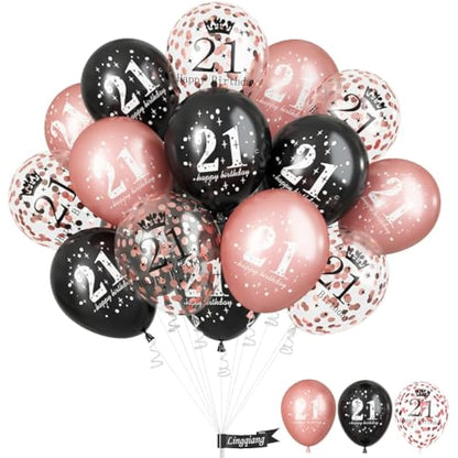 21st Birthday Decorations for Her, 15 Pcs Happy 21st Birthday Balloons Latex Helium Black Rose Gold Confetti Balloons for Girls Women Age 21 Years Old Birthday Celebration Party Decorations Supplies