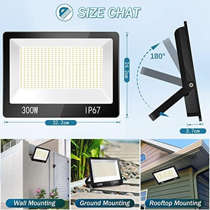YIQIBRO 300W LED Floodlight Outdoor 2 Pack, 30000LM 6500K Outdoor Flood Lights Super Bright LED Security Light, IP67 Waterproof Spotlight for Garden, Garage, Yard, Factory,Warehouse