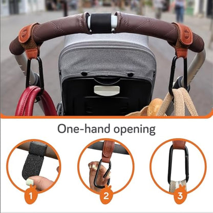 Baby Uma Leather-Style Buggy Clips (2 Pack) - Universal Pram Clips, Non-Slip Buggy Accessories, Carry 5 kg per Carabiner, Baby Travel Essentials (Camel)
