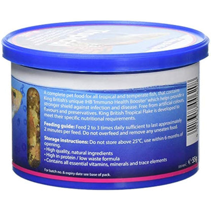 King British | Tropical Fish Flake With Immuno Health Booster | Complete Food for Tropical Fish | Helps Prevent Infection and Disease | High Protein Content | Includes Essential Vitamins | 55g