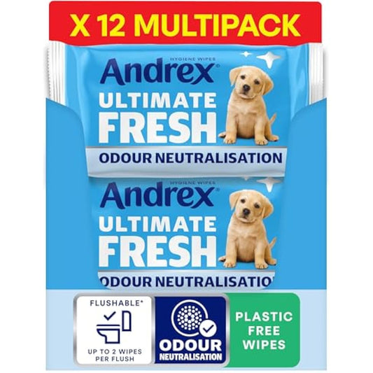 Andrex Ultimate Fresh Washlets, 12 Packs - Gentle, Biodegradable, Flushable Toilet Wipes for Everyday Hygiene, Use with Regular Toilet Roll for a Shower Fresh Clean
