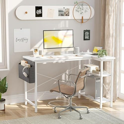 BEXEVUE Small L Shaped Desk with Power Outlets - 100x70cm Corner Computer Desk Writing Table, Reversible Large Storage Shelves, Bookshelf Workstation