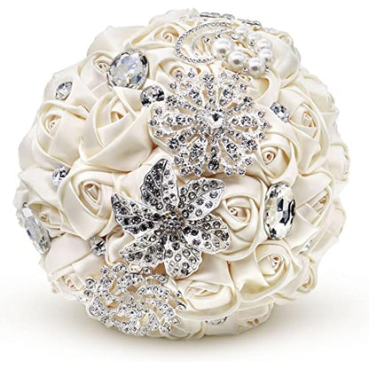 Fouriding Hand Made Diamond Pearl Satin Roses Bridesmaid Bridal Artificial Bouquets Customization Bride Holding Bouquet Wedding for Photo Shooting, Valentine's Day, Birthday,Creystal Creamy White