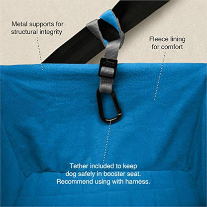 Kurgo Heather Car Booster Seat for Dogs, Quick & Secure Installation, Includes Seat Belt Tether, Fleece Lining, Grey/Blue (ZTV30-17114)