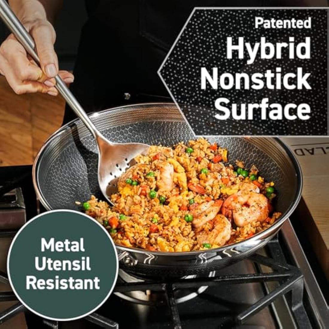 HexClad 35 cm Hybrid Stainless Steel Wok Pan with Stay-Cool Handles, Oven Safe, Works with Induction, Ceramic, Non-Stick, Electric, and Gas Cooktops
