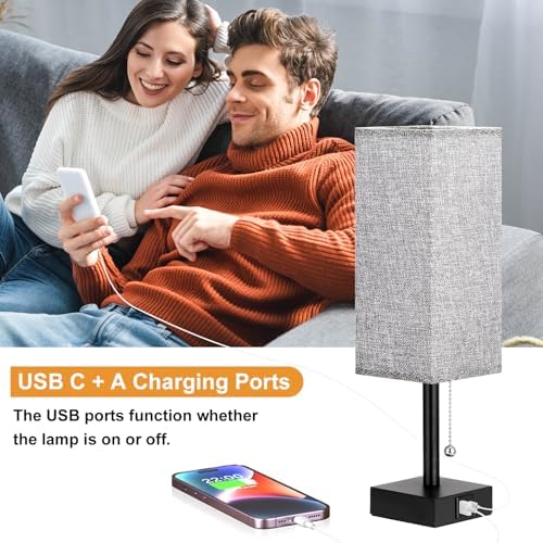 Aooshine Bedside Lamps Set of 2, Bedside Lamps with USB A+C Ports, Table Lamp for Bedroom with 3-Color Modes, Pull Chain Lamp with Grey Square Fabric Shade for Bedroom Living Room (Bulb Included)