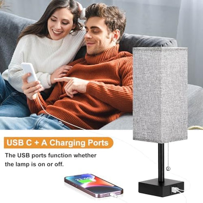 Aooshine Bedside Lamps Set of 2, Bedside Lamps with USB A+C Ports, Table Lamp for Bedroom with 3-Color Modes, Pull Chain Lamp with Grey Square Fabric Shade for Bedroom Living Room (Bulb Included)