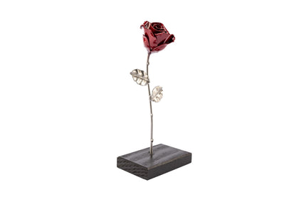 Forging Art Bcn Hand Forged Eternal Wrought Iron Rose with Base - Gift for Valentine's Day, Mother's Day, 6th Year Wedding Anniversary (Red/Silver)