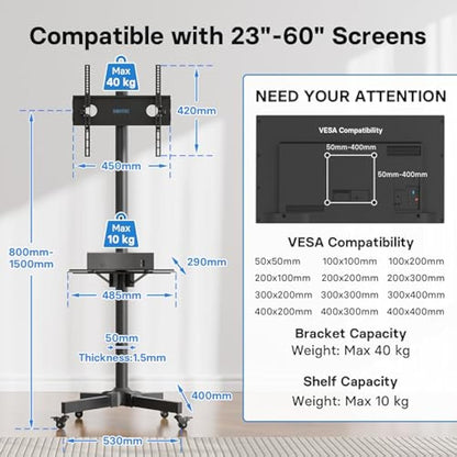 BONTEC Mobile TV Stand on Wheels for 23-60 inch Plasma/LCD/LED TVs, Portable TV Stand with Tray, Height adjustable Home Display Rolling TV Cart Trolly, Max. VESA 400x400mm, up to 40kg