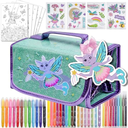 Scented Art Kits for Kids 6-12 - Includes Smelly Markers, Stamp Markers, Sparkly Pencil Case - Fairy Themed Toys & Art Set