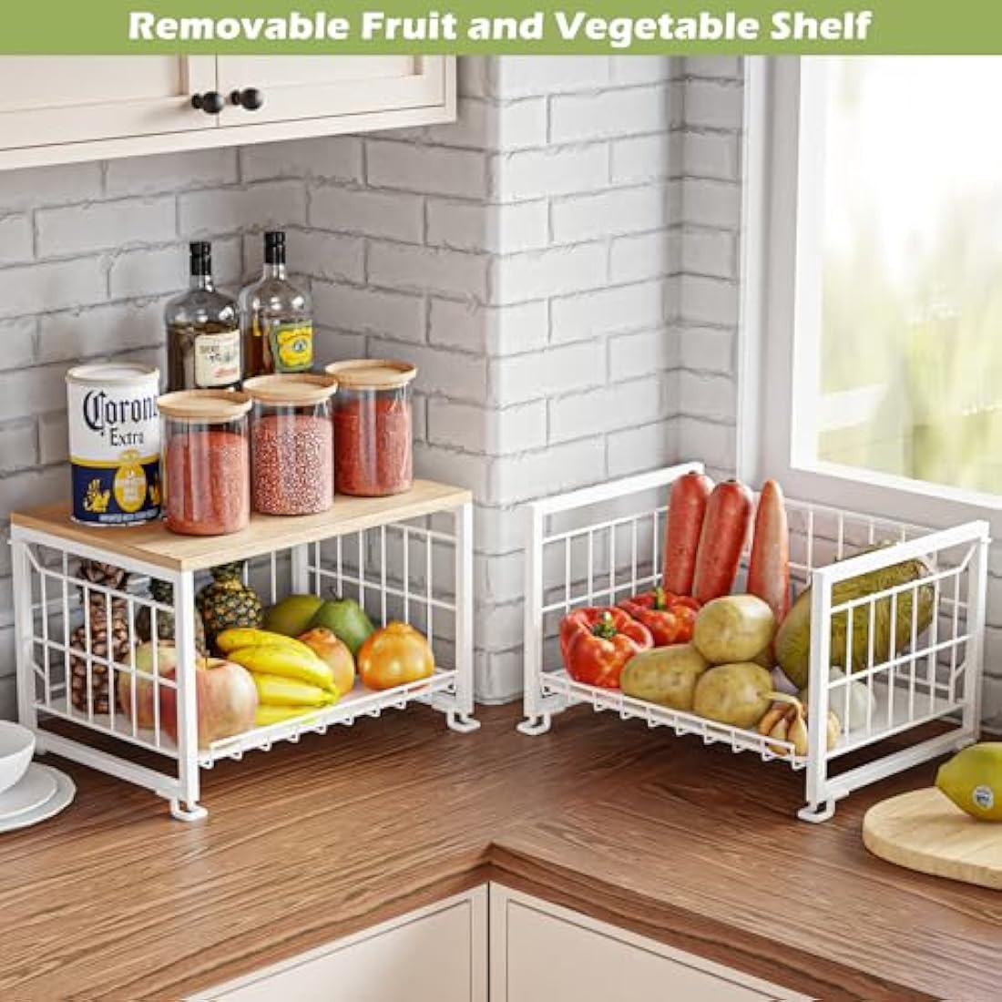 UMDONX Vegetable Storage Rack Kitchen Fruit Basket Bowl 3 Tier - Countertop Wire Veg Organiser Tiered Tabletop Stand Wooden Top (Durable Metal White)