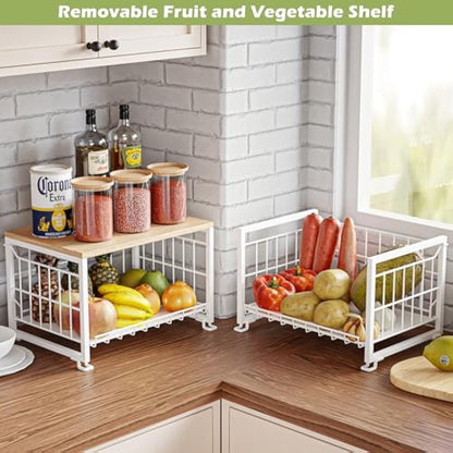 UMDONX Vegetable Storage Rack Kitchen Fruit Basket Bowl 3 Tier - Countertop Wire Veg Organiser Tiered Tabletop Stand Wooden Top (Durable Metal White)