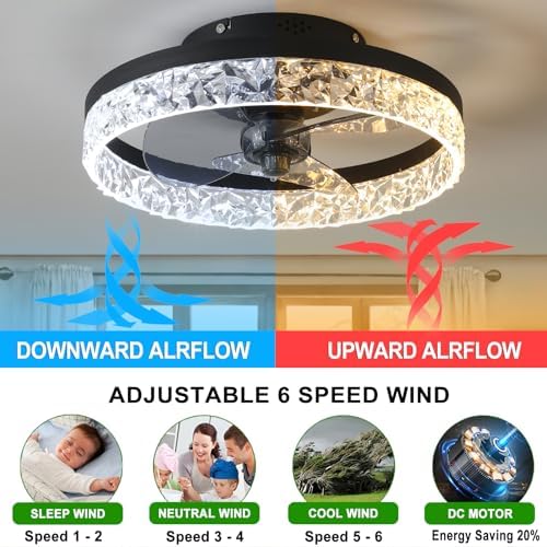 Quiet Ceiling Fans with Lights Remote Control, Modern Lighting Fan Ceiling Light LED Dimmable Ceiling Fan Lamps for Bedroom Living Room, Fan Reversible and 6 Speeds (Black, 40CM)
