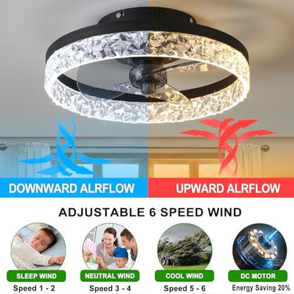 Quiet Ceiling Fans with Lights Remote Control, Modern Lighting Fan Ceiling Light LED Dimmable Ceiling Fan Lamps for Bedroom Living Room, Fan Reversible and 6 Speeds (Black, 40CM)